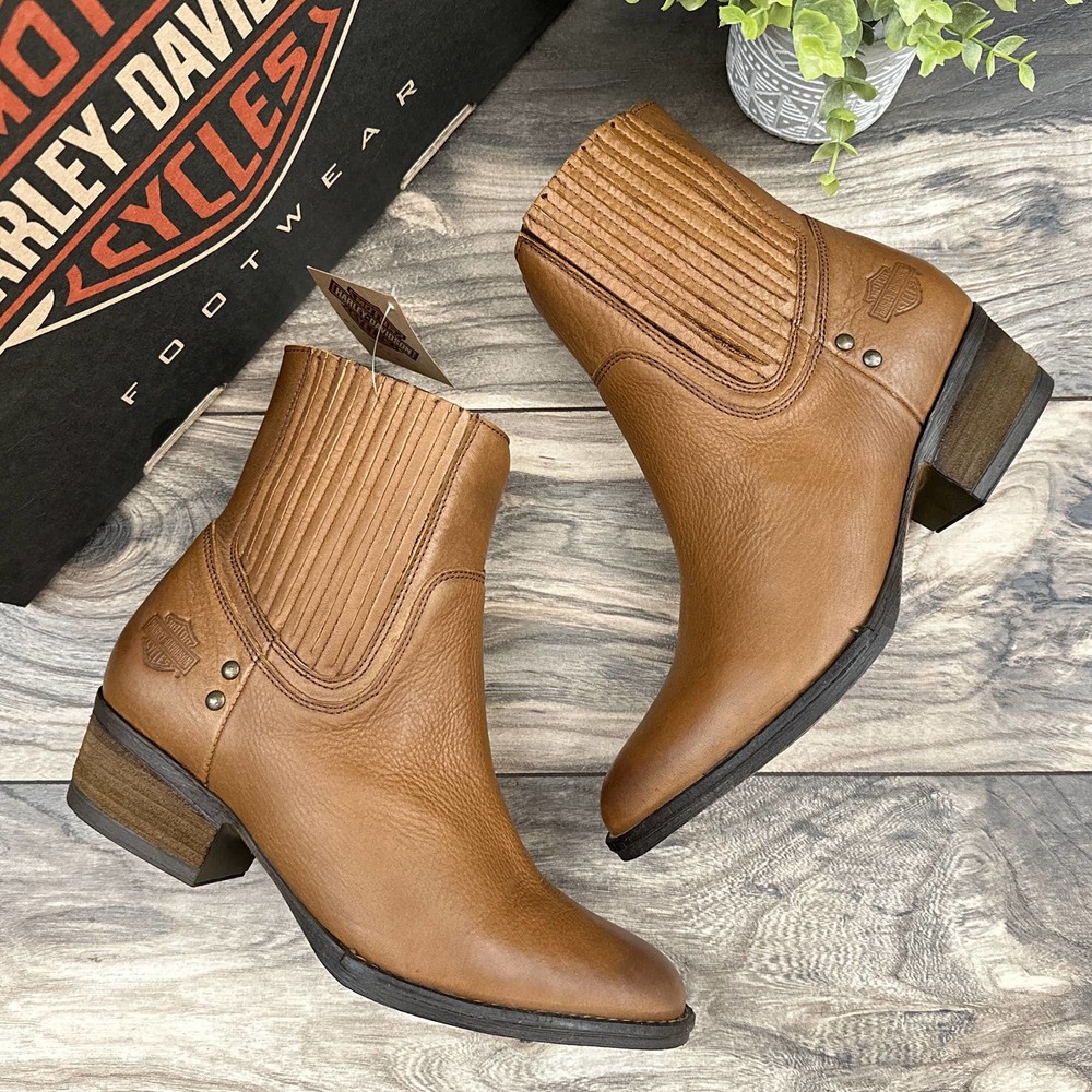 ❌SOLD❌NIB Harley Davidson Lorene Gore Western Moto Ankle Leather Boots Tan 8.5M - Picture 1 of 12